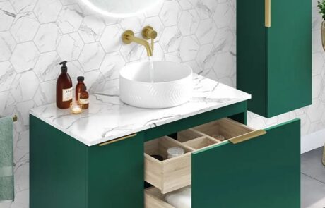 New Line Bathroom ware carrara marble worktop freestand sink furniture forest green wall hung storage Tuam and Galway City ireland