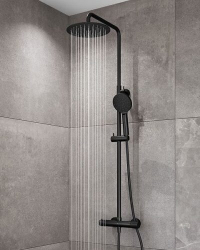 Black knurled exposed shower bathroom ware New Line Tiles Tuam and Galway City, near me