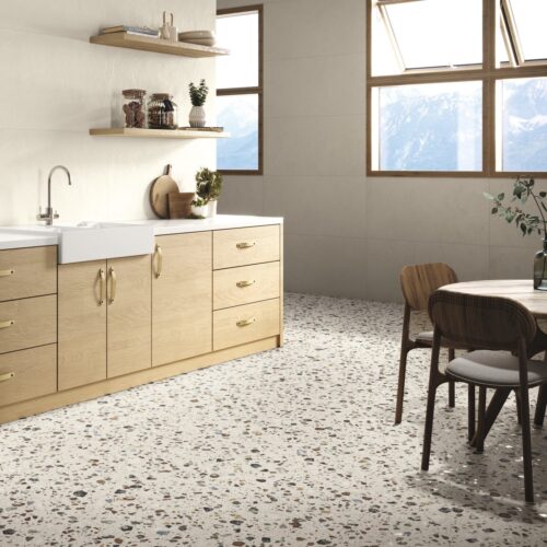 Coccio Mix quirky porcelain terrazzo floor and wall tile. kitchen bathroom cream and colourful. New Line Tiles tuam galway ireland