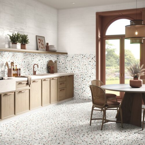 Trendy Mix quirky porcelain terrazzo floor and wall tile. kitchen bathroom white and colourful. New Line Tiles tuam galway ireland